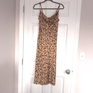 Leopard Satin Strappy Midi Dress